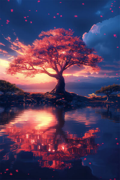 A vibrant tree with red leaves stands by a calm lake at sunset, reflecting vividly in the water as pink leaves gently fall around it. Fantasy art poster available in A1 to A4 sizes.