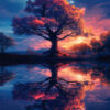 A stunning piece of tree artwork features a large tree with pink and purple foliage reflected in a calm lake at sunset, beneath a colourful sky filled with stars. Fantasy art poster available in A1 to A4 sizes.