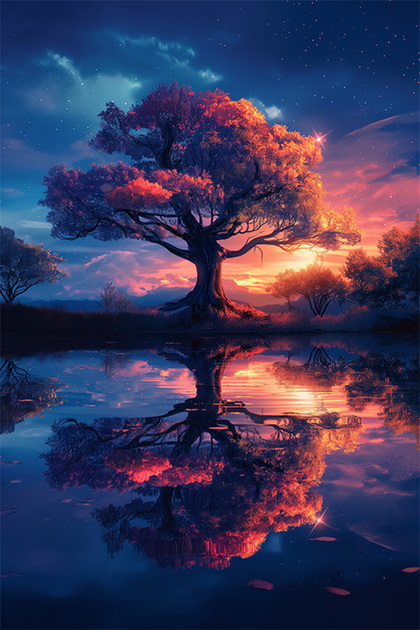 product-image-2-3 A stunning piece of tree artwork features a large tree with pink and purple foliage reflected in a calm lake at sunset, beneath a colourful sky filled with stars. Fantasy art poster available in A1 to A4 sizes.