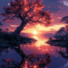 A large tree with glowing leaves stands by a calm lake at sunset, its reflection shimmering in the water. This Tree Wall Art captures purple clouds and an orange sun in a serene display of nature. Fantasy art poster available in A1 to A4 sizes.