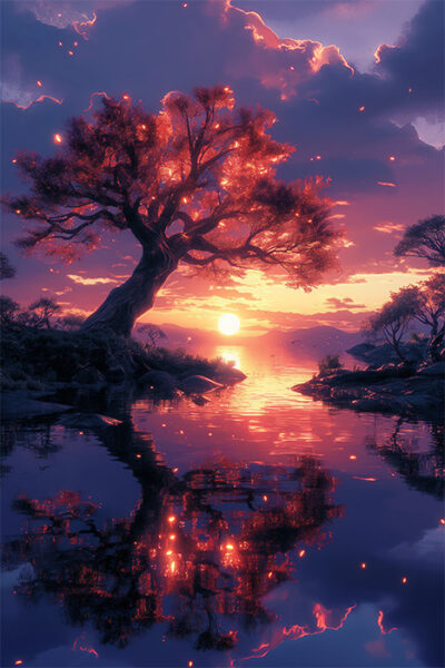 A large tree with glowing leaves stands by a calm lake at sunset, its reflection shimmering in the water. This Tree Wall Art captures purple clouds and an orange sun in a serene display of nature. Fantasy art poster available in A1 to A4 sizes.