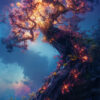 A large, twisted tree on a rocky slope glows with fiery, magical light among its branches—an enchanting piece of tree artwork set against a dramatic, cloud-filled sky. Fantasy art poster available in A1 to A4 sizes.
