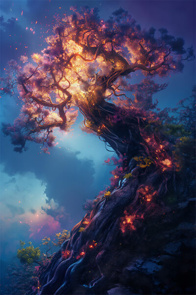 A large, twisted tree on a rocky slope glows with fiery, magical light among its branches—an enchanting piece of tree artwork set against a dramatic, cloud-filled sky. Fantasy art poster available in A1 to A4 sizes.