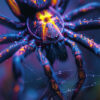 Close-up of an arachnid with yellow and purple markings on its body and legs, shown against a blurred background with water droplets on its web—an impressive piece of Arachnid Artwork. Arachnid poster available in A1 to A4 sizes.