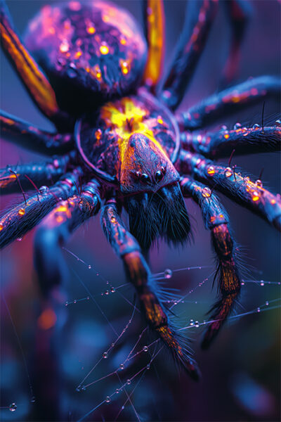 Close-up of an arachnid with yellow and purple markings on its body and legs, shown against a blurred background with water droplets on its web—an impressive piece of Arachnid Artwork. Arachnid poster available in A1 to A4 sizes.