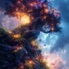 A large, twisted tree with glowing lights in its branches stands on a rocky hillside, surrounded by colourful flowers beneath a dramatic sky—an enchanting scene of nature art. Fantasy art poster available in A1 to A4 sizes.