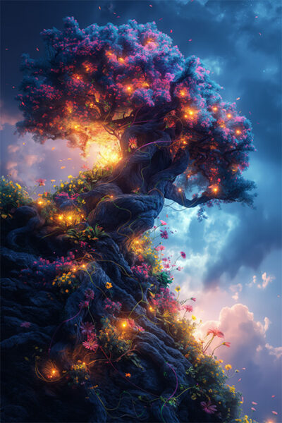 A large, twisted tree with glowing lights in its branches stands on a rocky hillside, surrounded by colourful flowers beneath a dramatic sky—an enchanting scene of nature art. Fantasy art poster available in A1 to A4 sizes.