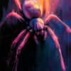 Digital artwork of a large arachnid painted in vibrant pink and purple hues, set against a dark, abstract background with streaks of orange light. Arachnid poster available in A1 to A4 sizes.