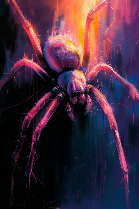 product-image-2-3 Digital artwork of a large arachnid painted in vibrant pink and purple hues, set against a dark, abstract background with streaks of orange light. Arachnid poster available in A1 to A4 sizes.