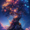 A large, twisted tree glows with blue and orange lights against a night sky, illuminated clouds at the base, and bright, colourful leaves. Fantasy art poster available in A1 to A4 sizes.