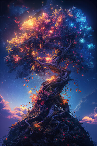 A large, twisted tree glows with blue and orange lights against a night sky, illuminated clouds at the base, and bright, colourful leaves. Fantasy art poster available in A1 to A4 sizes.