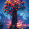 A large, twisted tree with glowing pink and orange flowers stands under a twilight sky with clouds, a crescent moon, and distant mountains—an enchanting Tree Artwork scene. Fantasy art poster available in A1 to A4 sizes.