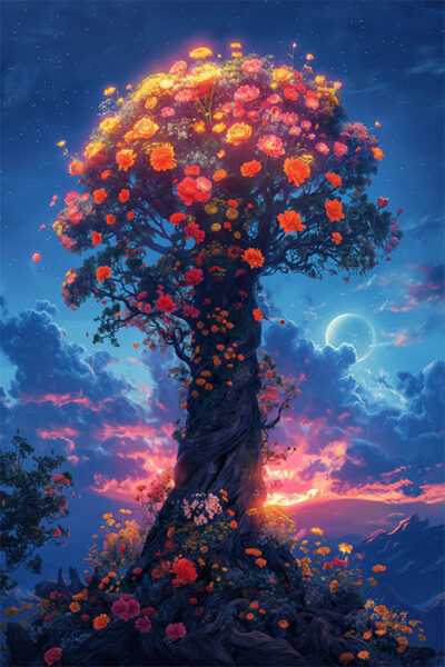A large, twisted tree with glowing pink and orange flowers stands under a twilight sky with clouds, a crescent moon, and distant mountains—an enchanting Tree Artwork scene. Fantasy art poster available in A1 to A4 sizes.