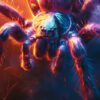 Close-up of a tarantula spider in vibrant lighting, showcasing detailed textures on its body and legs with a web in the background—an impressive example of arachnid artwork. Arachnid poster available in A1 to A4 sizes.