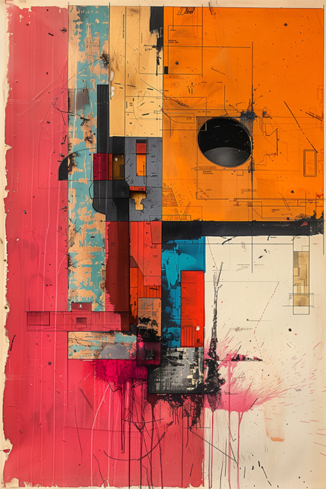 product-image-2-3 Abstract painting featuring geometric shapes in orange, pink, blue, black, and cream tones with splatters and textured edges on a vertical canvas. Abstract art poster available in A1 to A4 sizes.