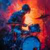 A drummer energizes the stage, surrounded by vibrant blue and orange abstract artwork and dynamic lighting effects. Music poster available in A1 to A4 sizes.