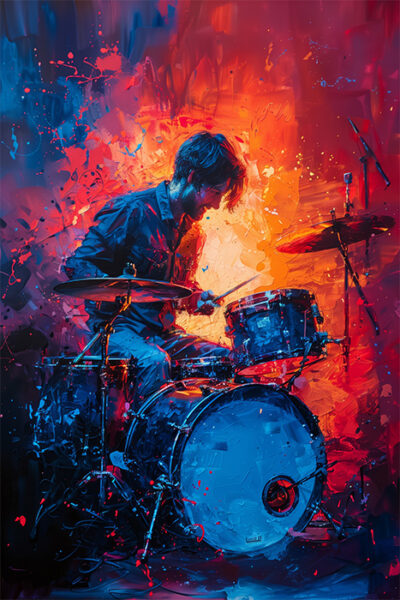 A drummer energizes the stage, surrounded by vibrant blue and orange abstract artwork and dynamic lighting effects. Music poster available in A1 to A4 sizes.