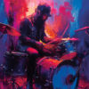 A bearded drummer wearing a hat plays a drum set, surrounded by vibrant, colourful abstract lighting in shades of pink, blue, and orange—capturing the energy of live performance in striking artwork. Music poster available in A1 to A4 sizes.