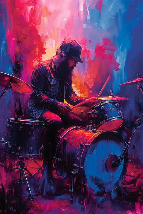 A bearded drummer wearing a hat plays a drum set, surrounded by vibrant, colourful abstract lighting in shades of pink, blue, and orange—capturing the energy of live performance in striking artwork. Music poster available in A1 to A4 sizes.