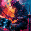 A person in a hat and dark clothing plays a drum set, surrounded by vibrant, abstract splashes of colour—a striking drummer artwork that captures the energy of music art. Music poster available in A1 to A4 sizes.