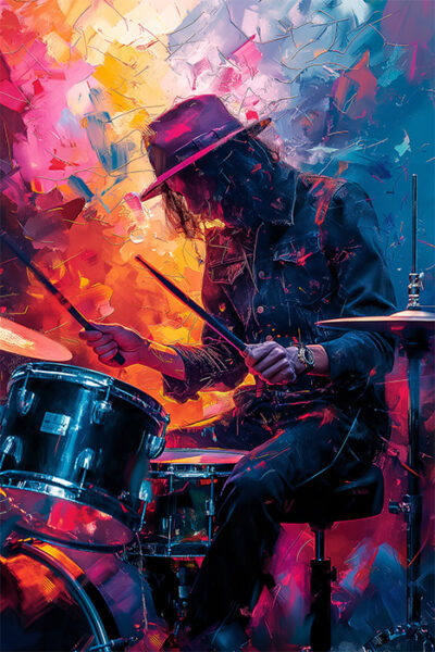 A person in a hat and dark clothing plays a drum set, surrounded by vibrant, abstract splashes of colour—a striking drummer artwork that captures the energy of music art. Music poster available in A1 to A4 sizes.