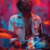 A drummer wearing sunglasses and a light jacket plays a drum set against a colourful, abstract background with red and purple tones in this vibrant drummer artwork. Music poster available in A1 to A4 sizes.