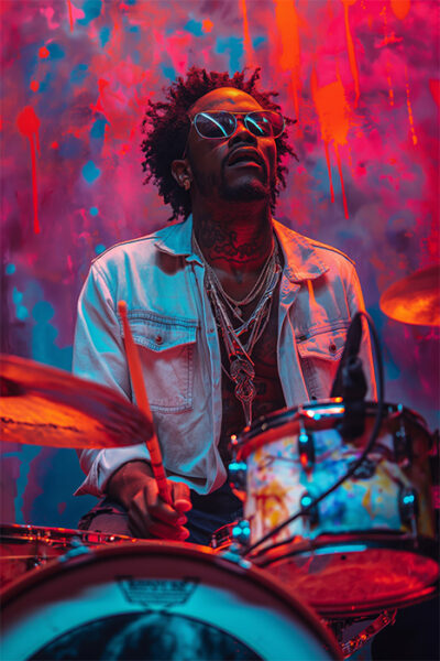 A drummer wearing sunglasses and a light jacket plays a drum set against a colourful, abstract background with red and purple tones in this vibrant drummer artwork. Music poster available in A1 to A4 sizes.