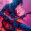 A guitarist with curly hair plays an electric guitar, surrounded by vibrant, abstract swirls of pink, purple, and orange in this stunning artwork. Music poster available in A1 to A4 sizes.