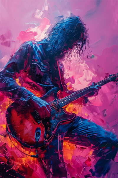 A guitarist with curly hair plays an electric guitar, surrounded by vibrant, abstract swirls of pink, purple, and orange in this stunning artwork. Music poster available in A1 to A4 sizes.