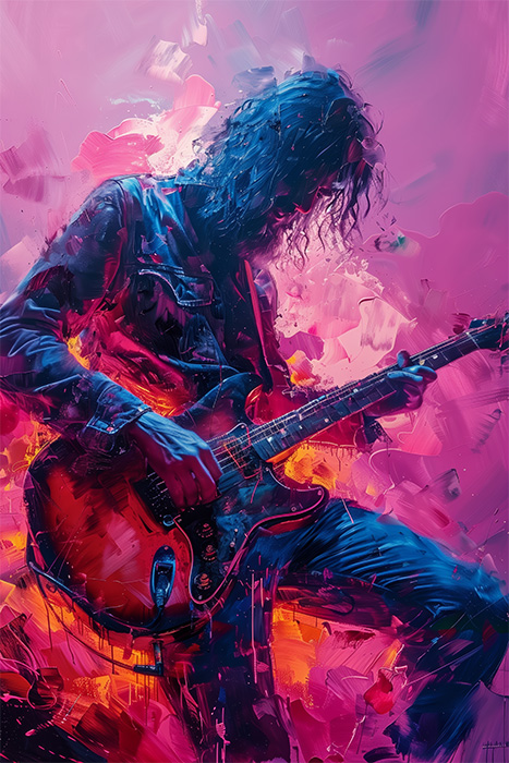 A guitarist with curly hair plays an electric guitar, surrounded by vibrant, abstract swirls of pink, purple, and orange in this stunning artwork. Music poster available in A1 to A4 sizes.