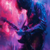 A guitarist with long hair plays an electric guitar, surrounded by vibrant pink and blue lighting and a swirling, abstract background—perfect for fans of striking guitarist artwork. Music poster available in A1 to A4 sizes.