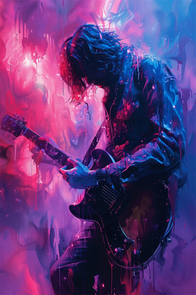 A guitarist with long hair plays an electric guitar, surrounded by vibrant pink and blue lighting and a swirling, abstract background—perfect for fans of striking guitarist artwork. Music poster available in A1 to A4 sizes.