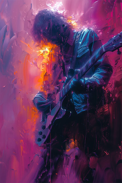 A guitarist plays an electric guitar, surrounded by abstract swirls of pink, purple, and orange light in a vibrant, artistic artwork setting. Music poster available in A1 to A4 sizes.