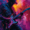 A person wearing a hat and sunglasses plays an electric guitar, surrounded by vibrant pink, purple, and orange lighting effects in this striking guitarist artwork. Music poster available in A1 to A4 sizes.