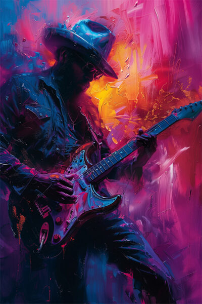 A person wearing a hat and sunglasses plays an electric guitar, surrounded by vibrant pink, purple, and orange lighting effects in this striking guitarist artwork. Music poster available in A1 to A4 sizes.