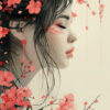 Profile of an Oriental girl with long dark hair surrounded by pink cherry blossoms, her eyes closed in a serene expression. This artwork features a gentle, pale background that enhances the tranquil mood. Fantasy art poster available in A1 to A4 sizes.