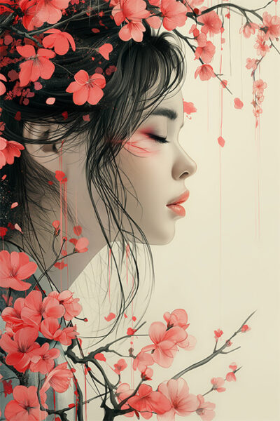 Profile of an Oriental girl with long dark hair surrounded by pink cherry blossoms, her eyes closed in a serene expression. This artwork features a gentle, pale background that enhances the tranquil mood. Fantasy art poster available in A1 to A4 sizes.