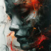 A grayscale face sculpture is partially obscured by swirling black and orange-red smoke, creating a dramatic and abstract effect. Abstract art poster available in A1 to A4 sizes.