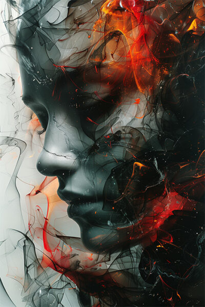 A grayscale face sculpture is partially obscured by swirling black and orange-red smoke, creating a dramatic and abstract effect. Abstract art poster available in A1 to A4 sizes.
