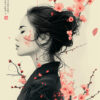 A woman in profile with her hair in a bun, surrounded by pink cherry blossoms and branches on a light background, this Oriental Girl Artwork beautifully blends natural and artistic elements. Fantasy art poster available in A1 to A4 sizes.