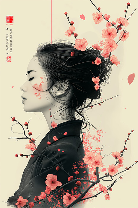 product-image-2-3 A woman in profile with her hair in a bun, surrounded by pink cherry blossoms and branches on a light background, this Oriental Girl Artwork beautifully blends natural and artistic elements. Fantasy art poster available in A1 to A4 sizes.