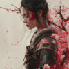 A woman in samurai armour stands with eyes closed, surrounded by pink cherry blossoms and red splashes, holding a sword at her side—an evocative piece of Oriental Warrior artwork. Fantasy art poster available in A1 to A4 sizes.