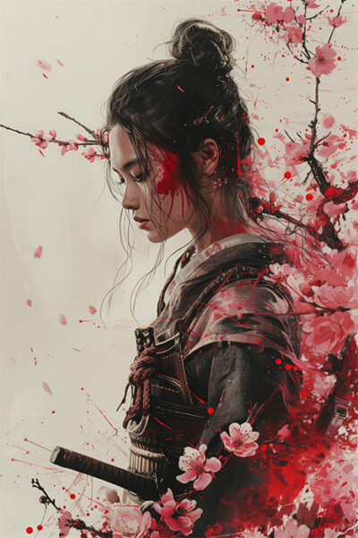 A woman in samurai armour stands with eyes closed, surrounded by pink cherry blossoms and red splashes, holding a sword at her side—an evocative piece of Oriental Warrior artwork. Fantasy art poster available in A1 to A4 sizes.