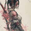 A woman in samurai attire with a sword on her back stands beside blooming cherry blossoms, decorated with red tattoos and face paint—an exquisite example of Oriental Warrior artwork. Fantasy art poster available in A1 to A4 sizes.