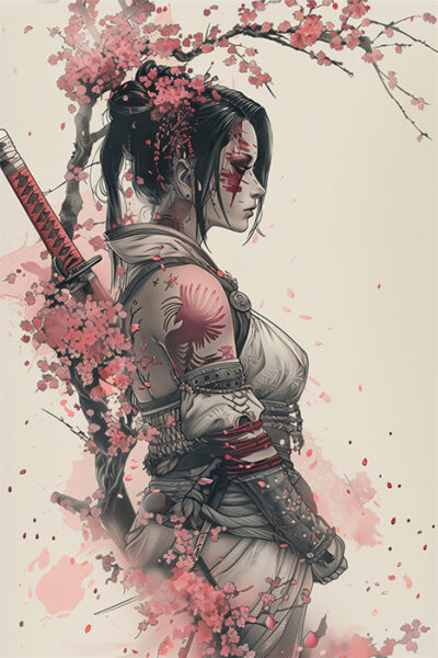 A woman in samurai attire with a sword on her back stands beside blooming cherry blossoms, decorated with red tattoos and face paint—an exquisite example of Oriental Warrior artwork. Fantasy art poster available in A1 to A4 sizes.