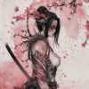 An illustrated Oriental Warrior—a female samurai with tattoos and a sword—stands under cherry blossoms. The image features pink and red tones, an ink splatter effect, and evokes the elegance of Oriental Art. Fantasy art poster available in A1 to A4 sizes.