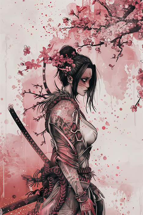 An illustrated Oriental Warrior—a female samurai with tattoos and a sword—stands under cherry blossoms. The image features pink and red tones, an ink splatter effect, and evokes the elegance of Oriental Art. Fantasy art poster available in A1 to A4 sizes.