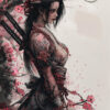 A woman in traditional Japanese attire with tattoos stands under a cherry blossom tree, holding a sword across her back. Pink petals are scattered around her in this striking piece of Oriental Warrior artwork. Fantasy art poster available in A1 to A4 sizes.