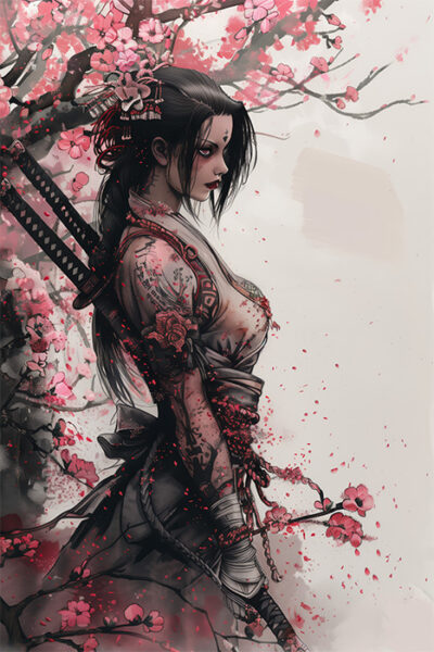 A woman in traditional Japanese attire with tattoos stands under a cherry blossom tree, holding a sword across her back. Pink petals are scattered around her in this striking piece of Oriental Warrior artwork. Fantasy art poster available in A1 to A4 sizes.