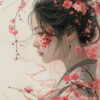 A woman in profile with flowers and branches intertwined in her hair and face, featuring cherry blossom motifs and a serene expression—an exquisite Oriental Girl Artwork. Fantasy art poster available in A1 to A4 sizes.